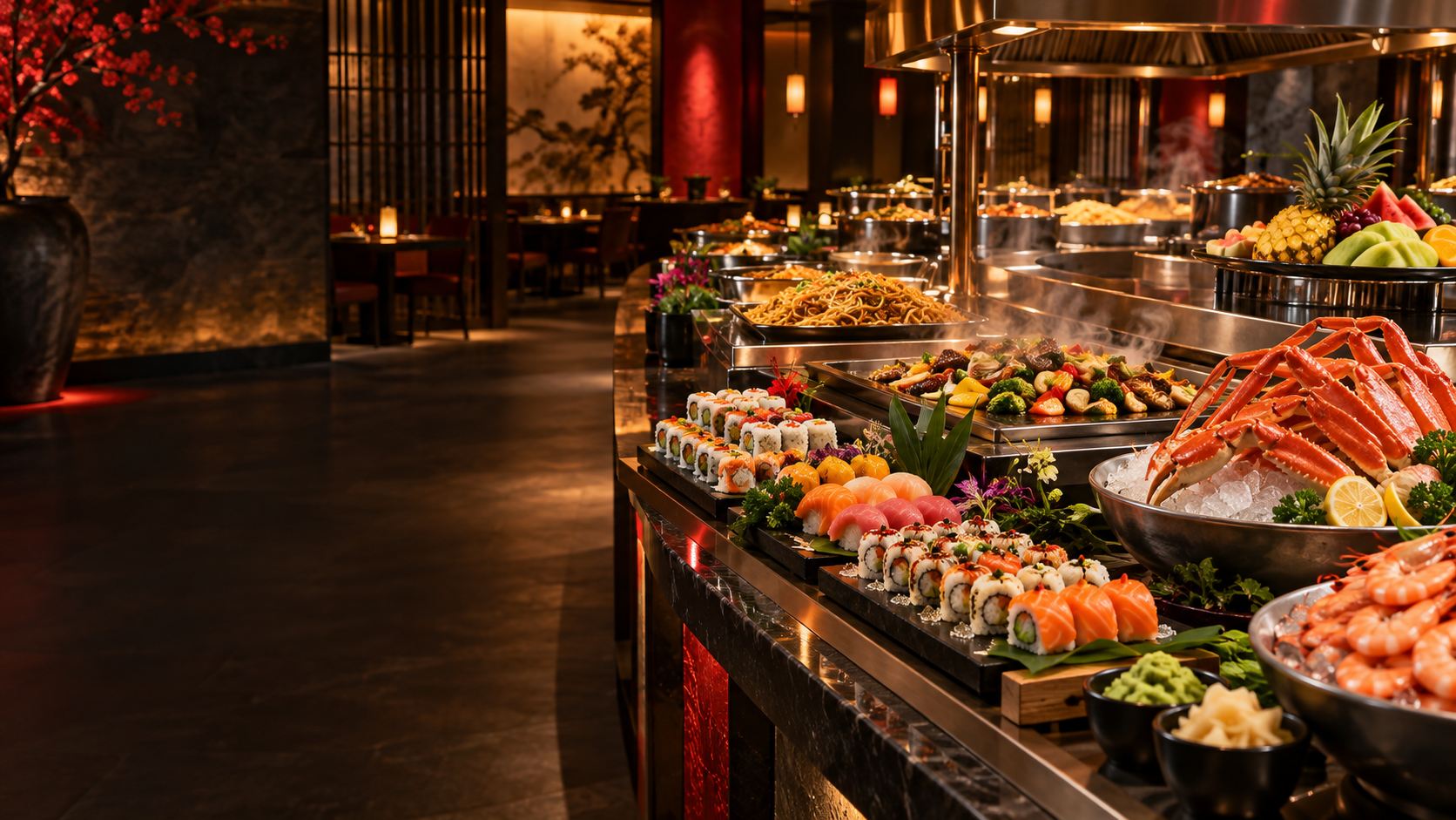 An abundant Asian buffet with sushi, seafood, hibachi dishes and fruit
